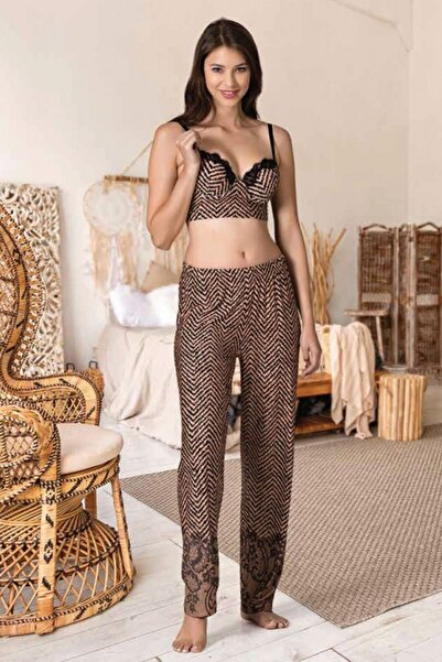 NBB Γυναικείο Σετ Πιτζάμες Βισκόζης με Μπουστάκι 66700 Καφέ