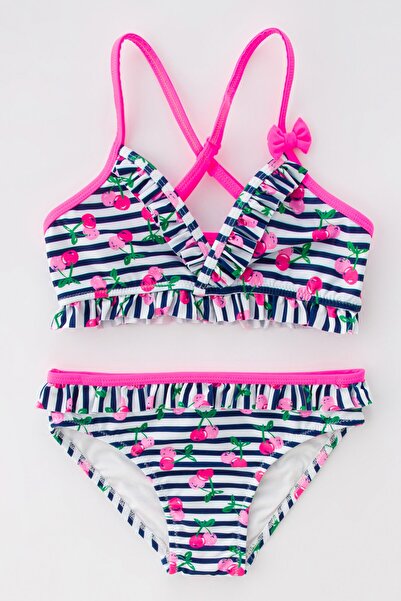 Penti Set bikini cu dungi bleumarin pentru fete, model Triangle Cherry