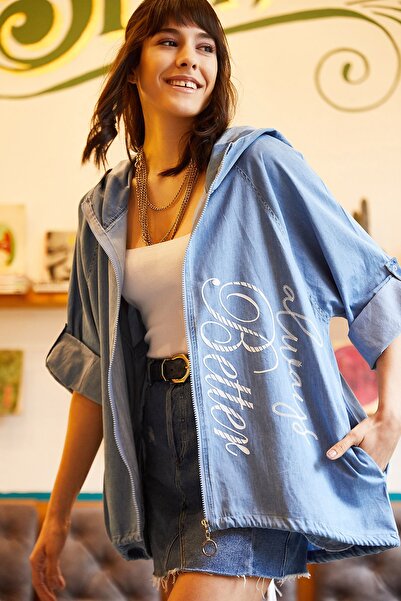 Olalook Dámska modrá ležérna bunda s kapucňou s potlačou CKT-19000192