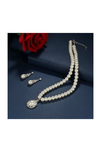 Worldshop Kadın Pırlanta Işlemeli Inci (Kolye Küpe) Takı Seti