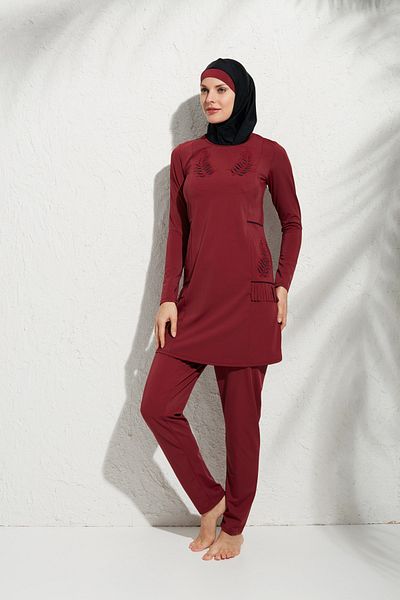 Pierre Cardin Women's Burgundy Long Sleeve Appliqued Hijab Swimsuit