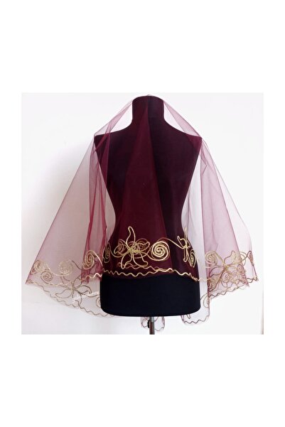 Gelincimherşey Bordo Renk Gold Nakışlı Gelin Duvak El Gülü Komple Set