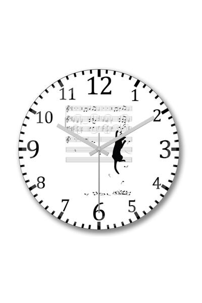 Baskı Dükkanı ساعة حائط على شكل قطة موسيقية من الزجاج الحقيقي المنحني