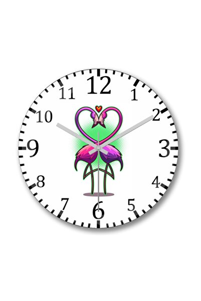 Baskı Dükkanı Love Birds Flamingo 2 Wall Clock Curved Real Glass