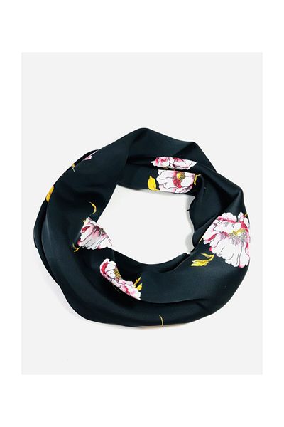kubbe Satin Crepe Scarf - Black Floral Pattern