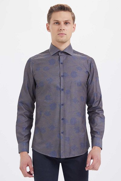 Hatemoğlu Καφέ Slim Fit εμπριμέ βαμβακερό μακρυμάνικο αθλητικό πουκάμισο