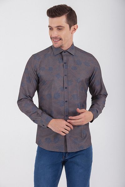 Hatemoğlu Καφέ Slim Fit εμπριμέ βαμβακερό μακρυμάνικο αθλητικό πουκάμισο