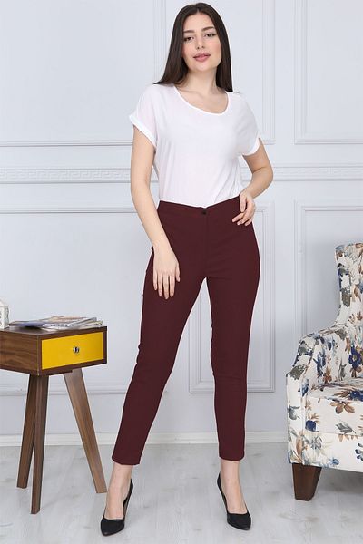 Gül Moda Lycra Skinny Leg Claret Red Belted Trousers G011