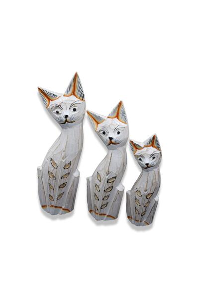 Hedicaret Ahşap Kedi Biblosu, 30 cm, Üçlü Biblo, Dekoratif Hediye