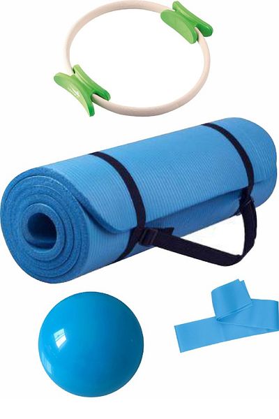 Povit 4-Piece Pilates Set 1 Cm Blue Nbr Mat, 25cm Ball, Tape and Circle