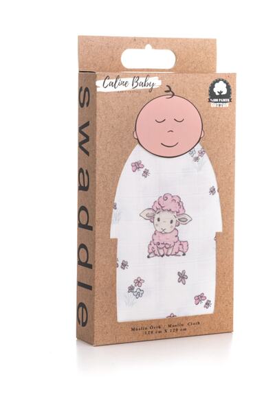 Caline Baby غطاء قماش موسلين نمط خروف - وردي 120x120 سم + 4 مناديل مبللة للفم