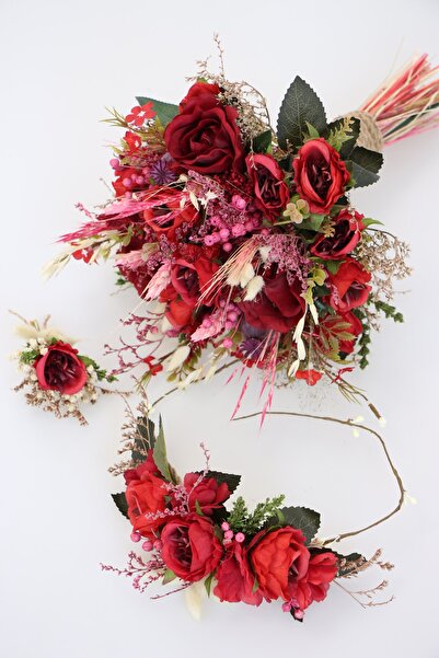 Yapay Çiçek Deposu Gelin Çiçeği Pista 3lü Set Kırmızı-bordo