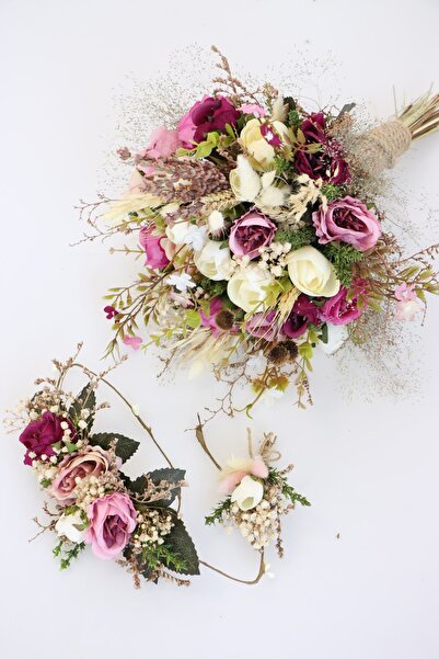 Yapay Çiçek Deposu Gelin Çiçeği Pista 3lü Set Su Mor-krem