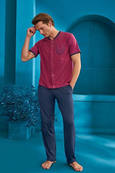 Doreanse Erkek Vişne - Lacivert Düğmeli Pijama Takım 4850