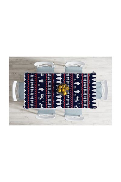 Realhomes Față de masă decorativă rezistentă la pete cu model de copac și căprioare albastru închis-140x220 cm