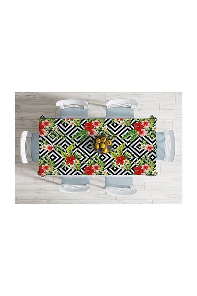 Realhomes Stain-Proof Tablecloth with Flower Pattern on Geometric Floor-140x220 cm