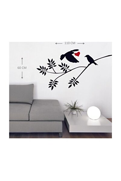 Sticker Sepetim Daldaki Kuş Kalp Siyah Dekoratif Çok Amaçlı Duvar Sticker