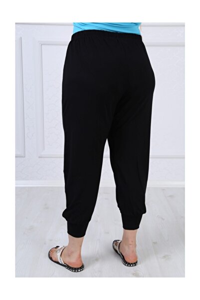 LİKRA Women's Large Size Lace-Up Waist Viscose Shalwar Black