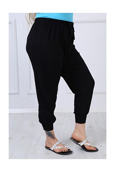 LİKRA Women's Large Size Lace-Up Waist Viscose Shalwar Black