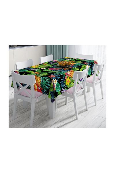 Realhomes Față de masă rezistentă la pete cu fundal negru cu frunze geometrice-140x260 cm