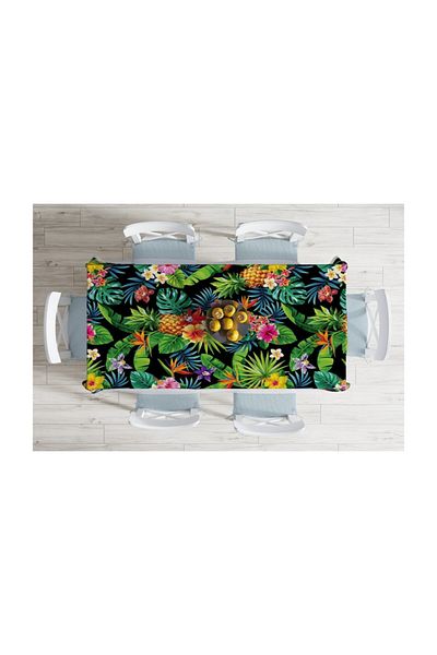 Realhomes Față de masă rezistentă la pete cu fundal negru cu frunze geometrice-140x260 cm