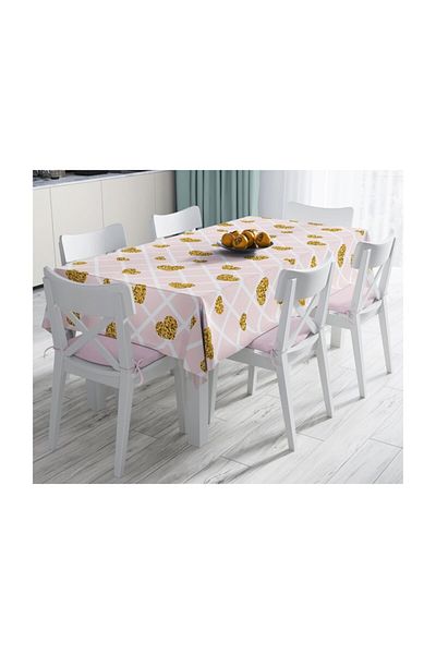 Realhomes Fata de masa in carouri cu inimioare aurii cu design special rezistent la pete-140x220 cm