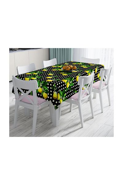 Realhomes Față de masă decorativă anti-pete, cu imprimeu de lămâie, cu model în carouri, pe podea neagră-120x140 cm