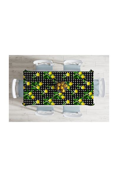 Realhomes Față de masă decorativă anti-pete, cu imprimeu de lămâie, cu model în carouri, pe podea neagră-120x140 cm