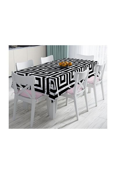 Realhomes Black Geometric Patterned Modern Stain Resistant Tablecloth with Marble Floor-120x140 cm