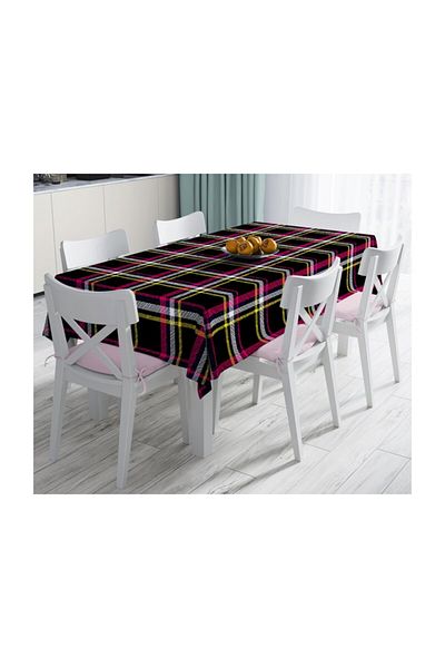 Realhomes Față de masă decorativă rezistentă la pete, imprimată digitală, cu model în carouri, negru, galben, roz-140x220 cm