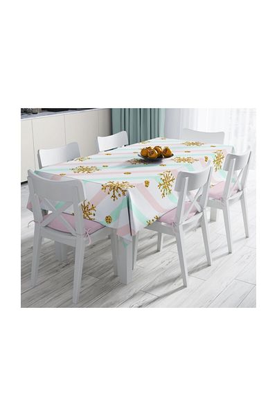Realhomes Față de masă modernă rezistentă la pete cu detaliu fulg de zăpadă pe podea roz albastru-140x220 cm
