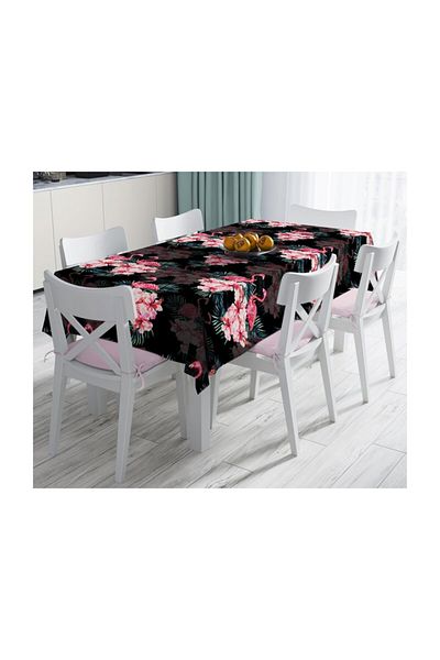 Realhomes Față de masă anti-pete cu design special Crini și flamingo pe podea neagră - 140 X 180 cm