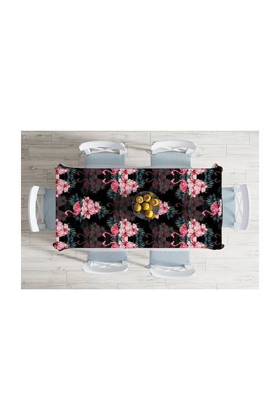 Realhomes Față de masă anti-pete cu design special Crini și flamingo pe podea neagră - 140 X 180 cm