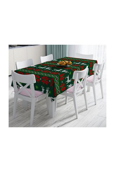 Realhomes Căprioare de Anul Nou pe fundal verde Față de masă decorativă rezistentă la pete cu model - 140 X 180 cm