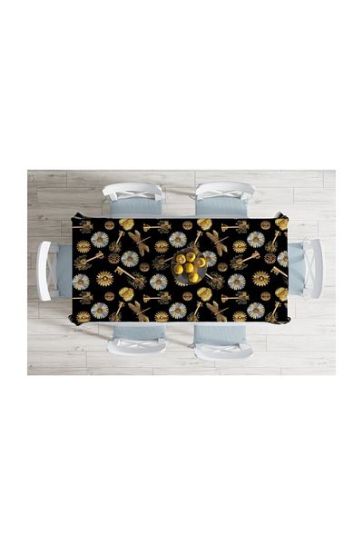 Realhomes Obiecte etnice pe podea neagră Față de masă special concepută rezistentă la pete-140x220 cm