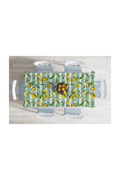 Realhomes Green Striped Lemon Patterned Digital Printed Decorative Stain Resistant Tablecloth-120x140 cm