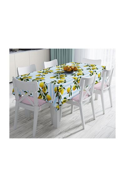 Realhomes Față de masă decorativă, rezistentă la pete, cu dungi albastre, cu lămâie, imprimată digitală-140x220 cm