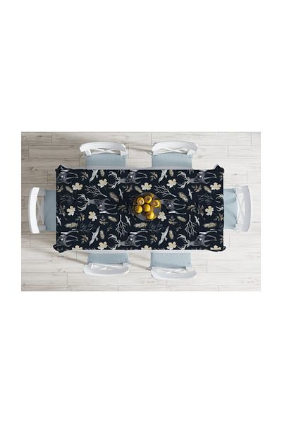 Realhomes Stain-Proof Tablecloth with Deer and Leaf Pattern on Black Floor-140x220 cm