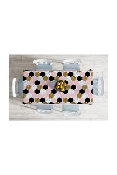Realhomes Geometric Honeycomb Patterned Gold Detailed Modern Stain Resistant Tablecloth - 140 X 180 cm