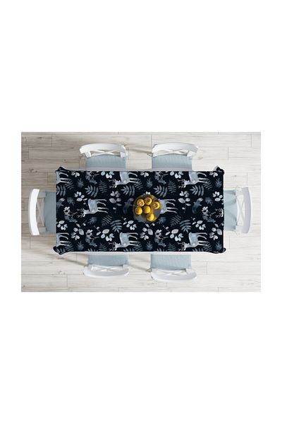 Realhomes Deer and Leaf Motifs Digital Printed Tablecloth on Dark Blue Floor - 140 X 180 cm