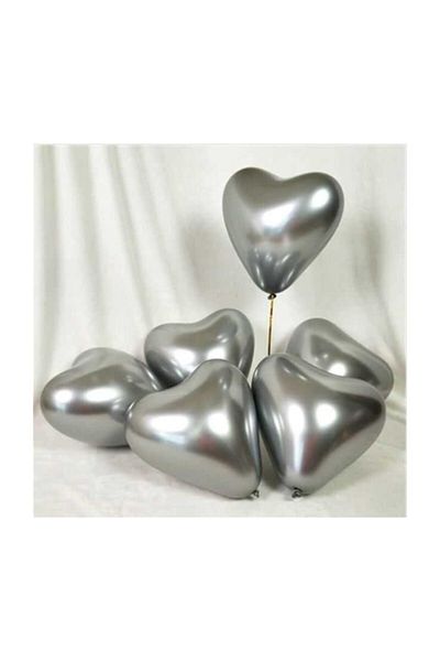 Parti Furyası Silver Heart Chrome Balloon + Shiny Mirror 16 Inch 5 Pieces