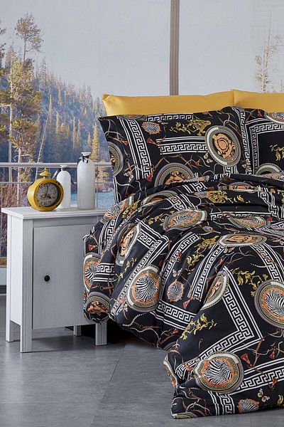 MAJESTE Avantgarde Collection 120 Thread Cotton Satin Cotton Double Duvet Cover Set Pattern: 12140 Black-yellow