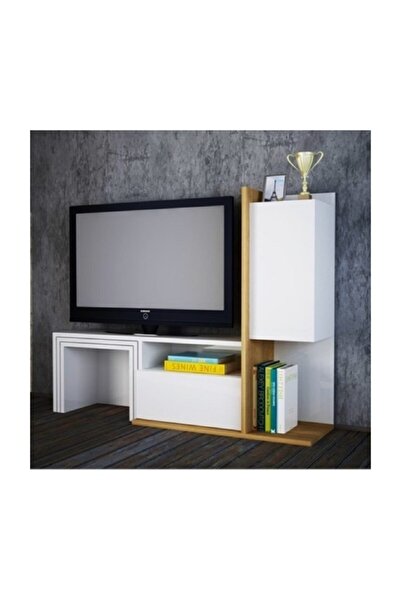 BMdekor Tv Ünitesi Bengi Sehpalı Beyaz Teak 120 Cm