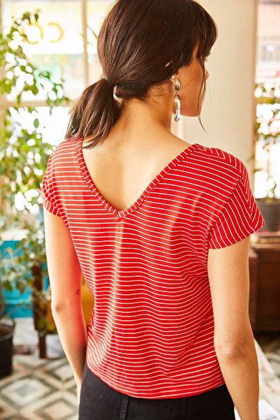 Olalook Women's Red Front Back V Oblique T-shirt TSH-19000282