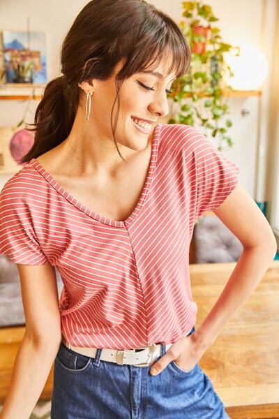 Olalook Γυναικείο μπλουζάκι Dusty Rose Μπροστινό πίσω V λοξό TSH-19000282