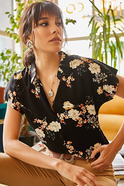 Olalook Women's Black Mustard Floral Bat Viscose Shirt GML-19000613