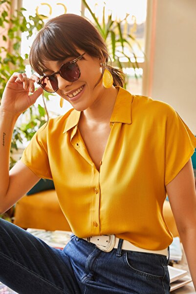 Olalook Dámská viskózová košile z hořčice Bat GML-19000617