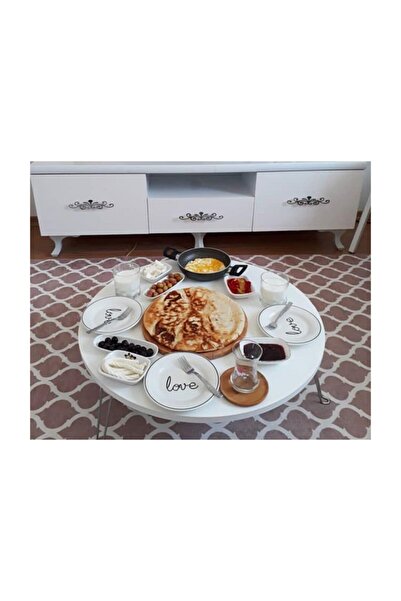 panayır 90 cm Beyaz Mermer Desenli Ahşap Katlanabilir Papatya Yer Sofrası, Ye...