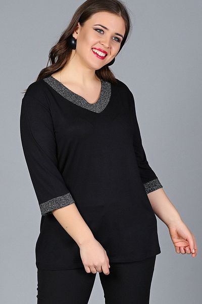 Gül Moda Plus Size Black Glitter Blouse - Capri Sleeve G012