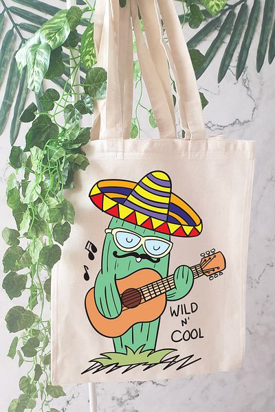 PEKSHOP Geantă din pânză cu imprimeu cactus chitară mexicană